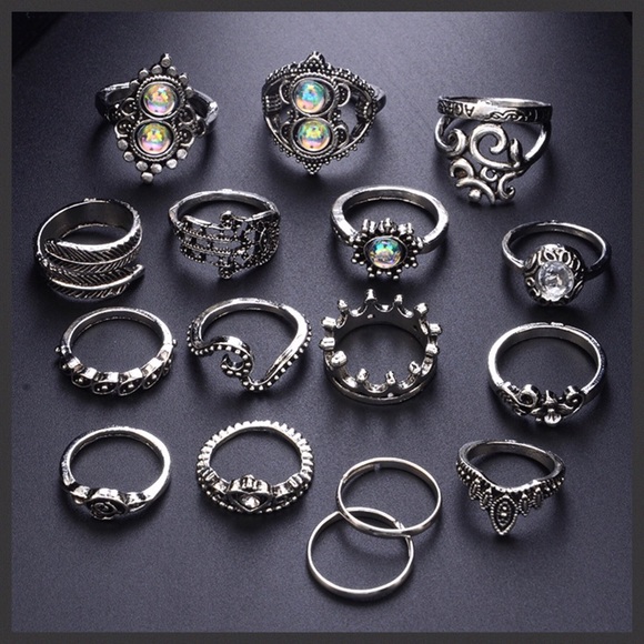 16 Pcs Boho Black & Silver Crystal Gem Ring Set - Picture 2 of 14